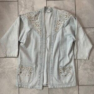 Vintage Light Denim Bedazzled Sequenced Jean Jacket Women